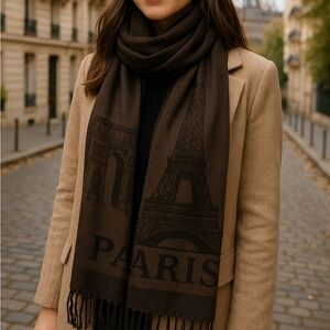 Paris Eiffel Tower Fringe Scarf Parisian Chic Wrap Pashmina style travel grey